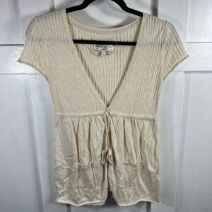 Between Me & You Cream Ribbed Knit Tie Front Peplum Cardigan Top Size M Cotton